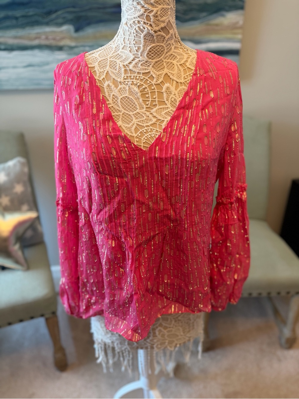 Lilly Pulitzer Women’s Hot Pink V-Neck Blouse with Metallic Accents